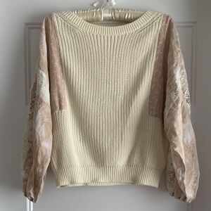 Pilcro Cream Sweater with Lace Sleeves
